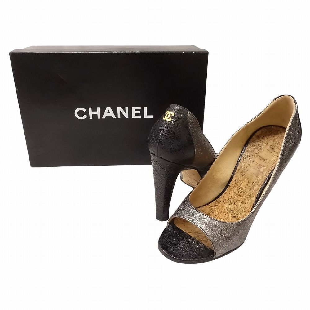 CHANEL シャネル パンプス オープントゥ メタリック レザー ゴールド