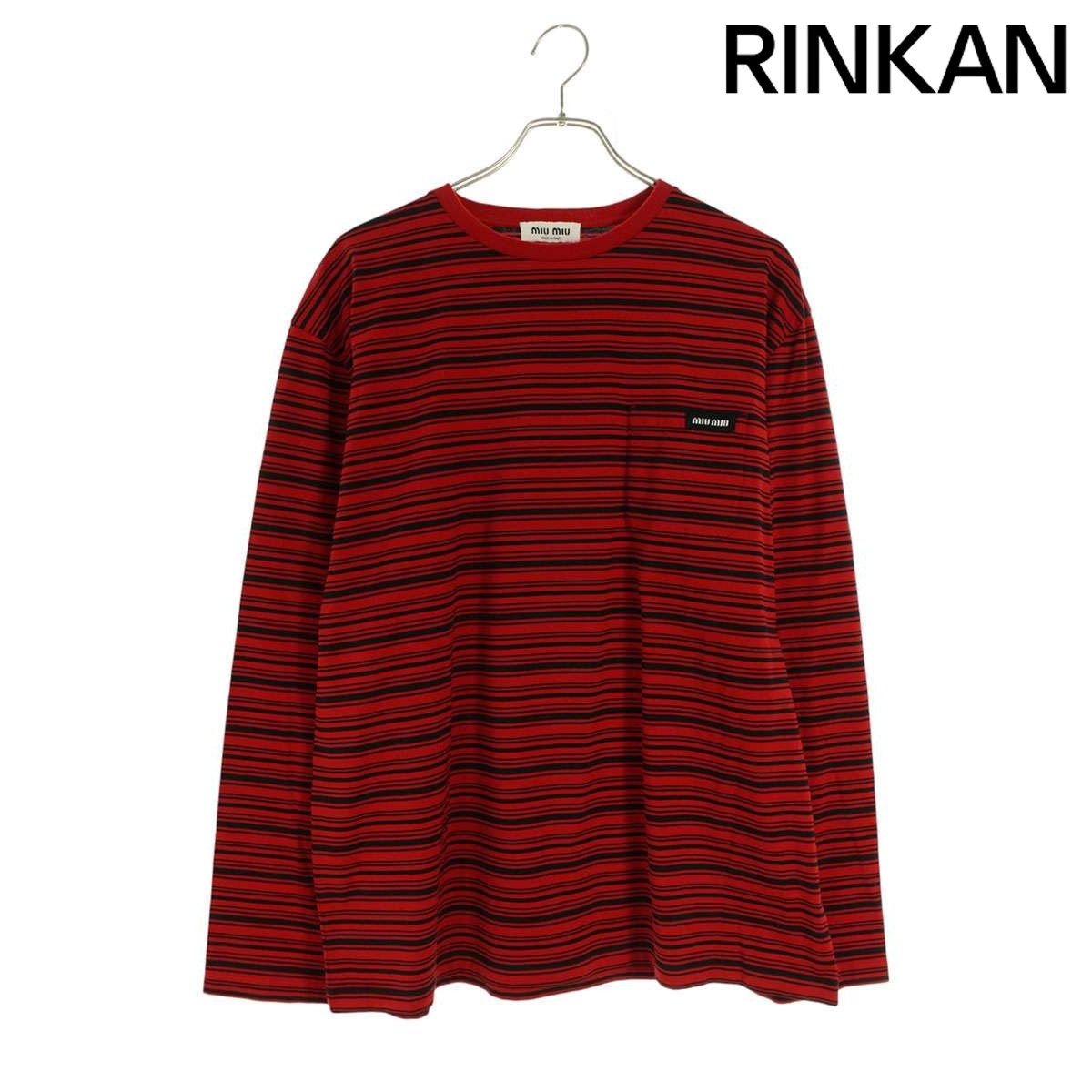 ミュウミュウ サイズ:XL  mjl014 ロゴパッチ刺繍長袖カットソー 中古 SS13 ミュウミュウ MJL014 ポケット付きロゴパッチボーダー長袖カットソー