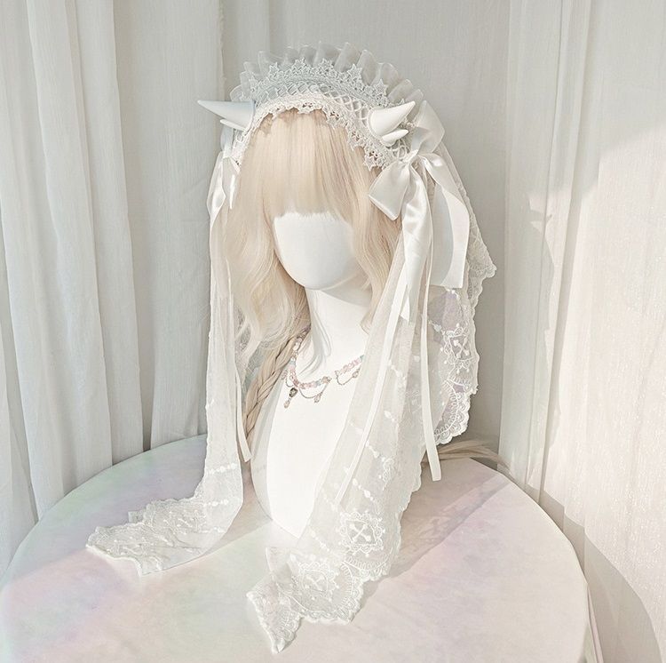 レース リボン ヘアアクセ ロリータ ベール 悪魔角 ヘッドドレス
