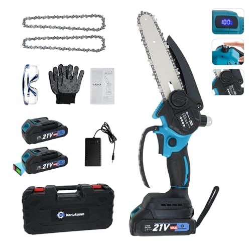 バッテリー残量デジタル表示 Karukumo チェーンソー 充電式 6インチ ハンディ 電動チェーンソー ブラシレスモーター コードレス 電動のこぎり 給油 工具不要のチェーン調整 軽量小型 片手操作 電動ノコギリ 竹切り 木工切断 枝切 m