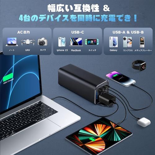 ポータブル電源 AC出力対応 27000 mAh 大容量 PD 65 W 急速充電対応 車中泊 高輝度LEDライト4つ 緊急 災害時バックアップ用電源 MacBook ノートパソコン ドローン m