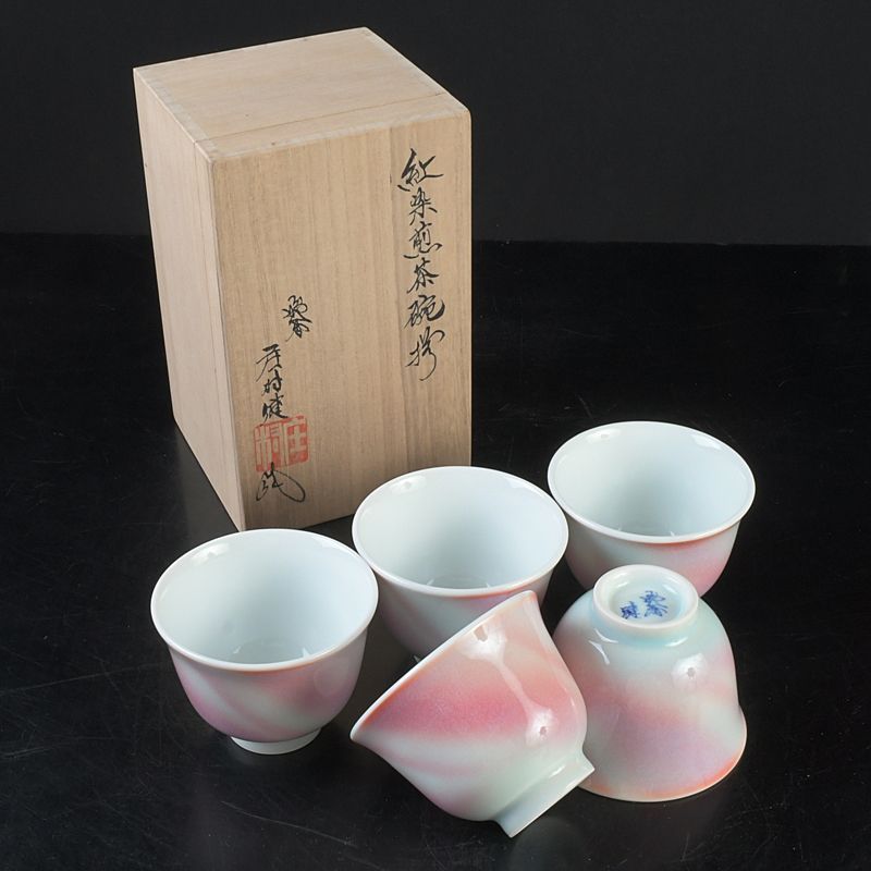 煎茶道具 有田焼 庄村健作 紅染 煎茶碗揃 五客 共箱 V S584 - メルカリ