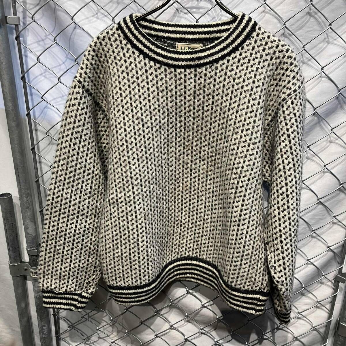 80s L.L.BEAN ニット ノルウェー製 バーズアイ ホワイト×ブラック M