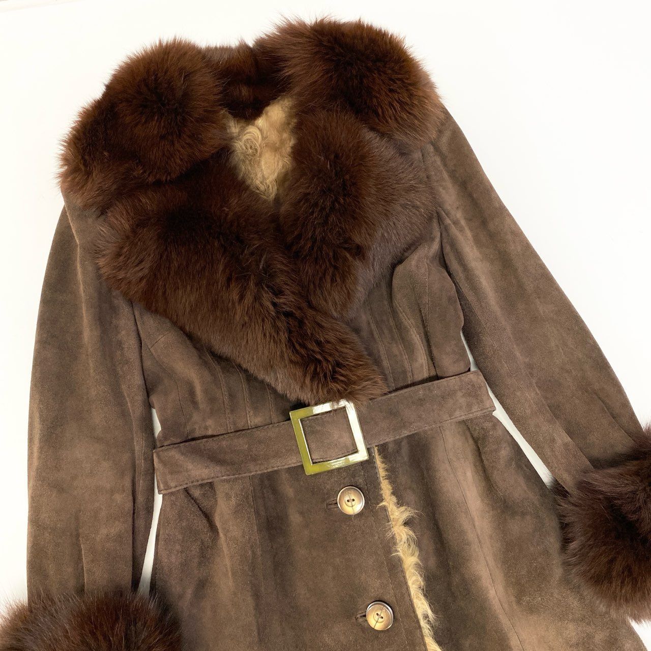 本毛皮 フォックス リアルファー ベルテッドコート 羊革 スエード