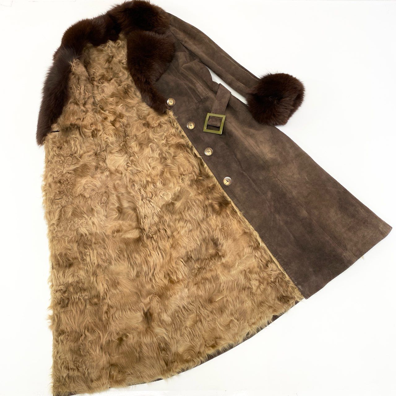 84a14 フォックスファー スエードレザー ベルテッドコート ロング