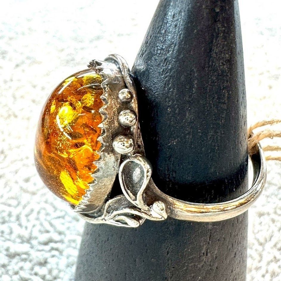 シルバーリング 琥珀 天然石 アンバー シルバー925刻印入り