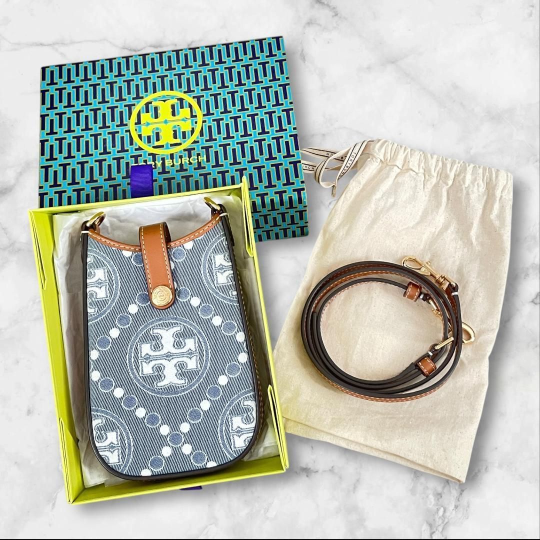 美品TORY BURCH スマホショルダー デニム ロゴ レザー 斜め掛け - メルカリ