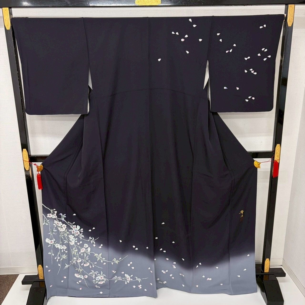 付け下げ 前田華清 作家 裄67 染めの花びら 上品な加工 袷 着物 MK