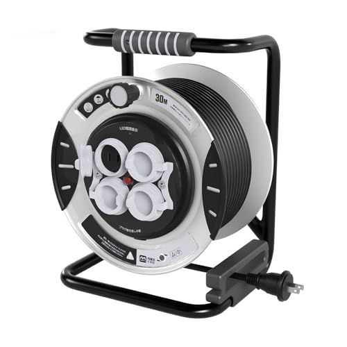 Masterplug コードリール 30 m 延長コード屋外用 100 V型 ドラムコード 防雨 防塵コンセント 温度センサー内蔵 プラグ抜き差し不要 建設現場 家庭用 キャンプ用 延長コード巻き取り式 電工ドラム クールグレー