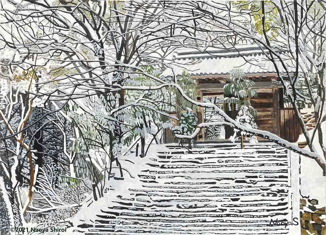 水彩画　ジクレー版画「雪のもみじ谷」（高良山／久留米市） 水彩画 ジクレー版画「雪のもみじ谷」（高良山／久留米市） - メルカリ