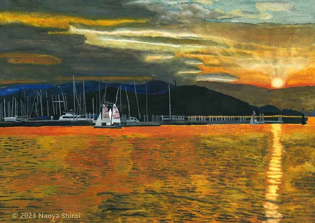 水彩画 ジクレー版画「夕焼けのヨットハーバー」（小戸公園／福岡市