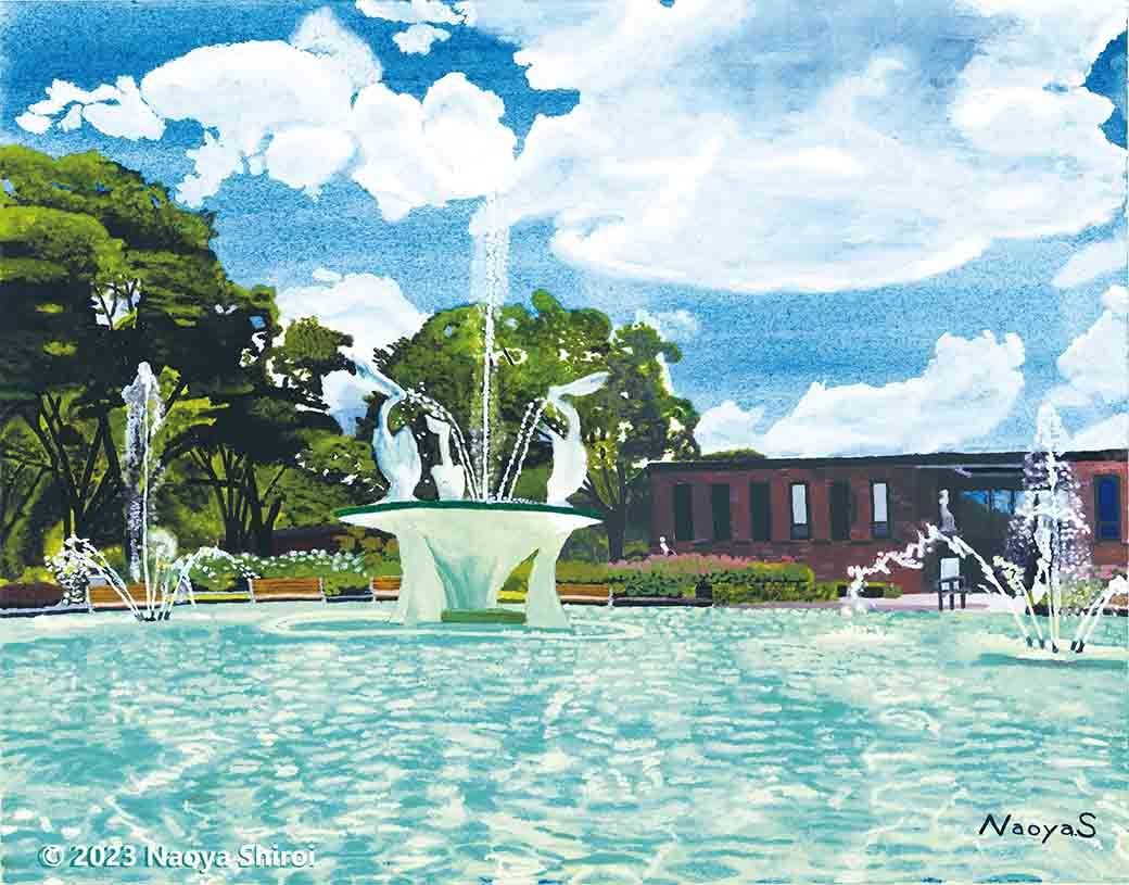 水彩画　ジクレー版画「ペリカン噴水」（石橋文化センター／久留米市） 水彩画 ジクレー版画「ペリカン噴水」（石橋文化センター／久留米市