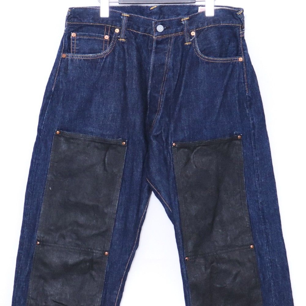 未使用 EVISU 黄色カモメ 猫プリント ダブルニー デニムパンツ W35 L35