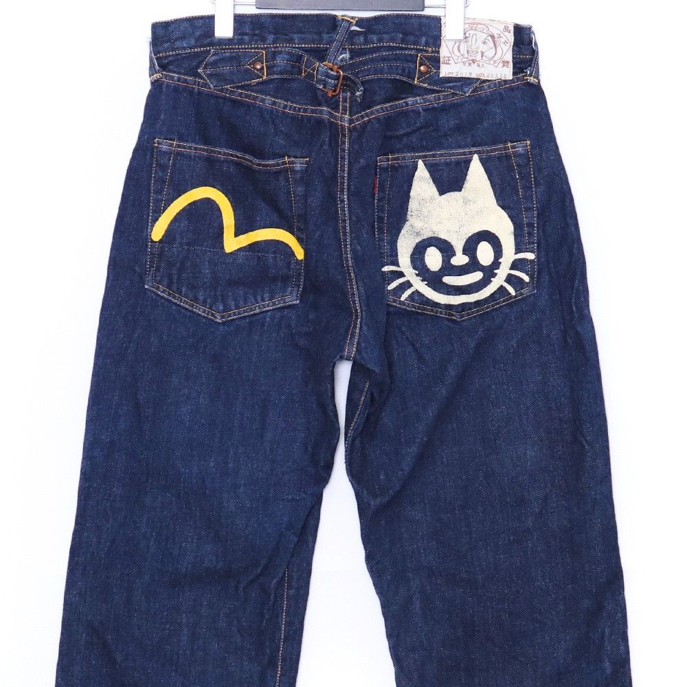 未使用 EVISU 黄色カモメ 猫プリント ダブルニー デニムパンツ W35 L35