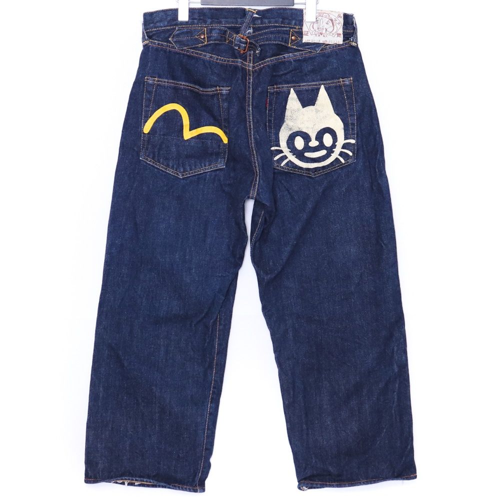 未使用 EVISU 黄色カモメ 猫プリント ダブルニー デニムパンツ W35 L35