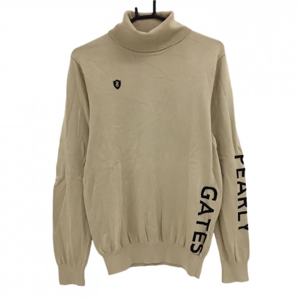 パーリーゲイツ タートルネックセーター ベージュ×黒 サイド・袖ロゴ