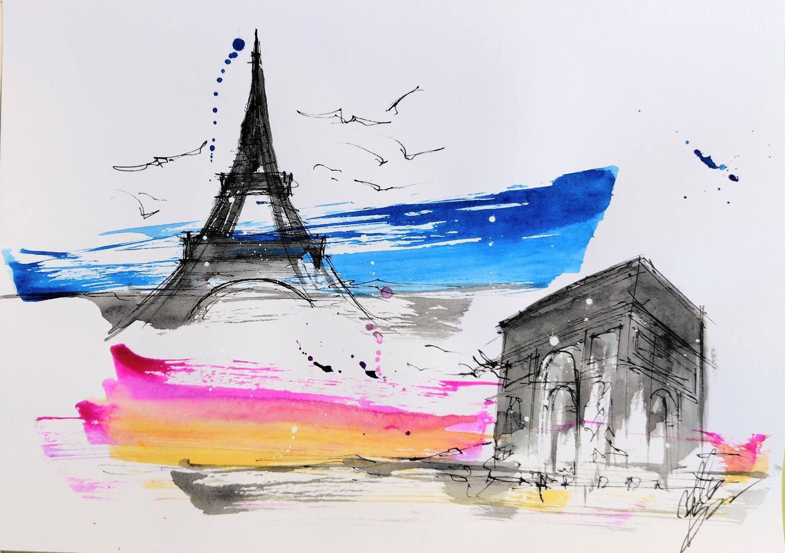 原画#222 パリ フランス エッフェル塔 凱旋門 水彩画 ドローイング