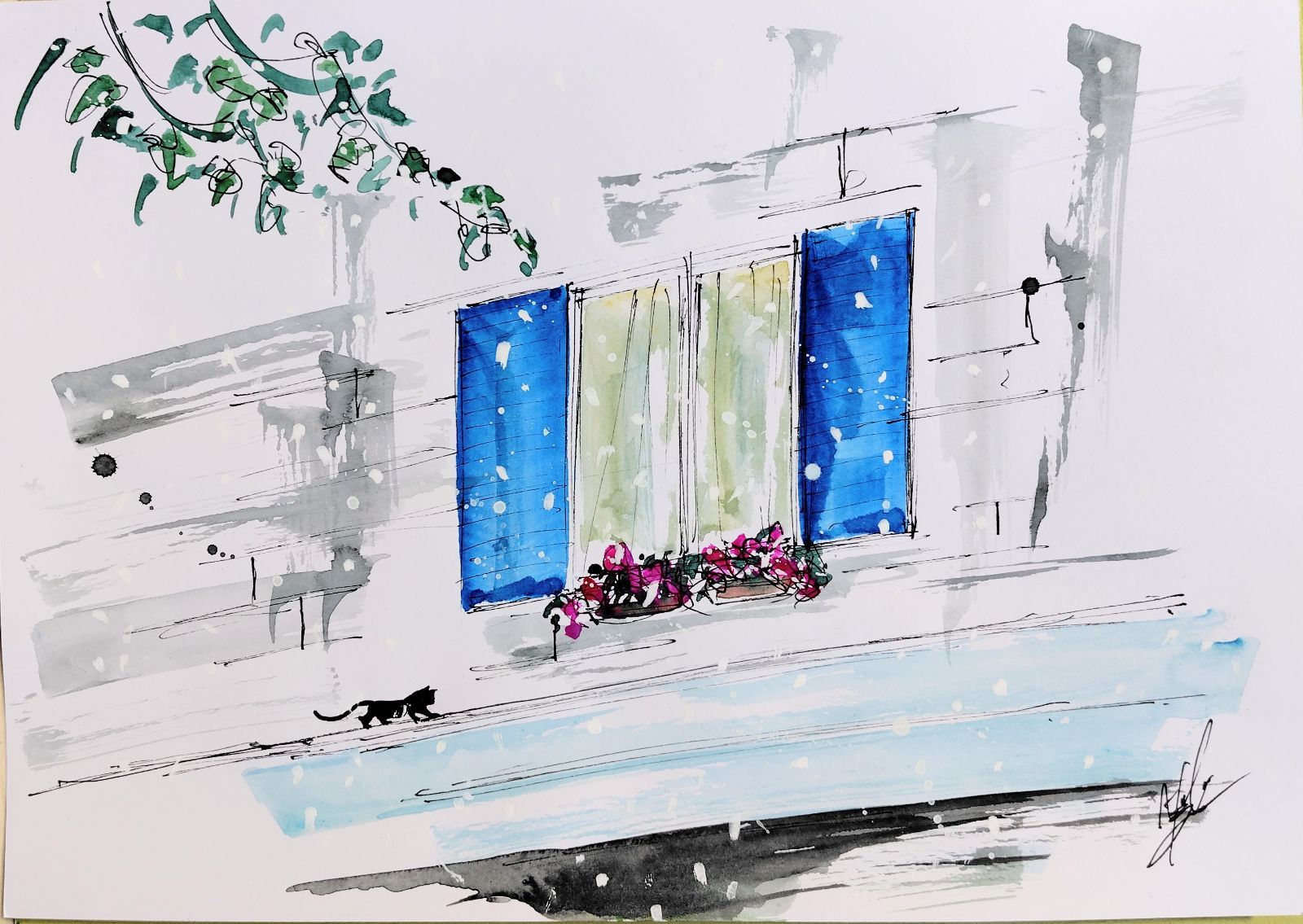 原画#223 黒猫 猫 雪 窓 フランス 水彩画 ドローイング インテリア