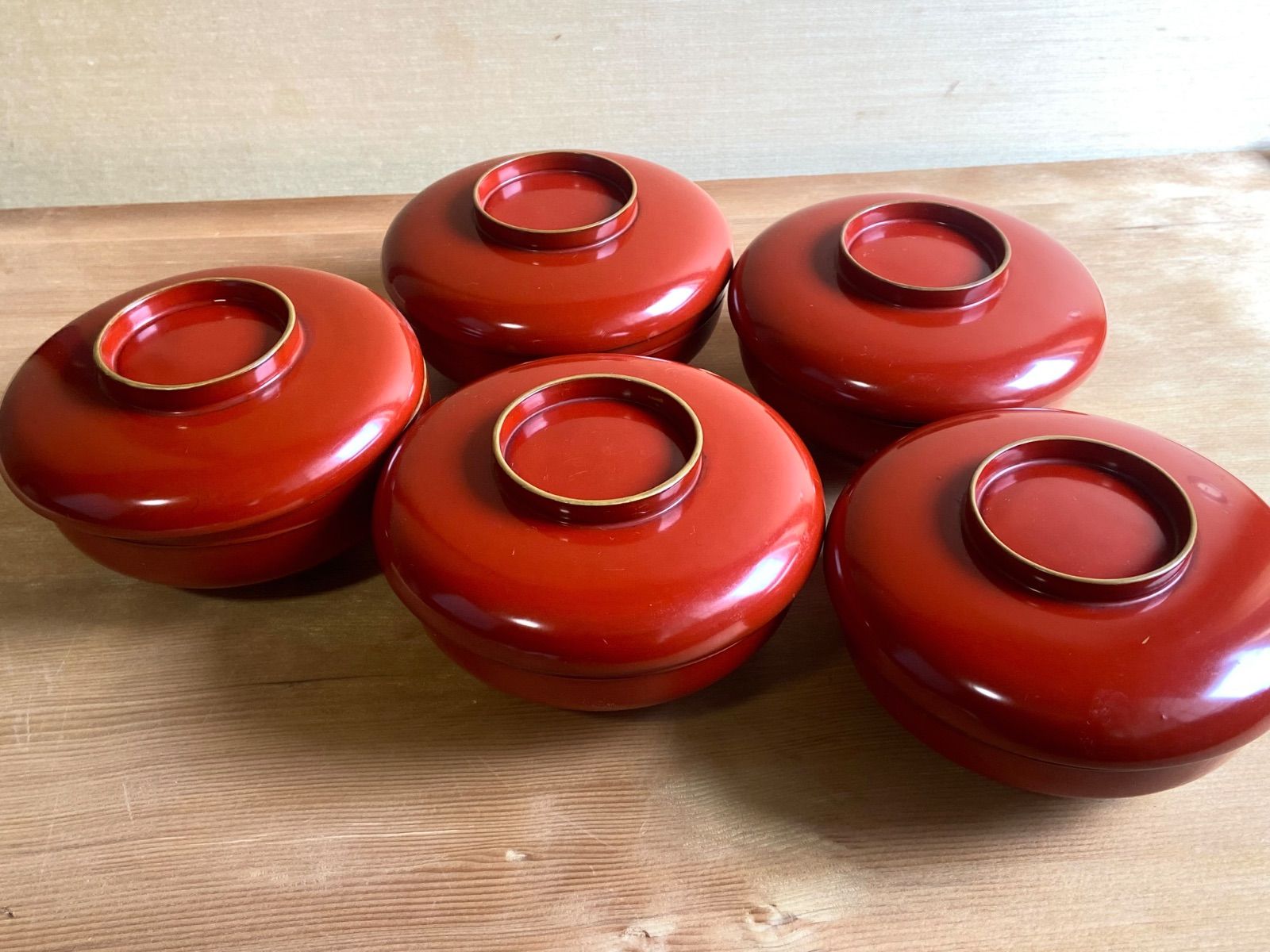 いろはにほへと 輪島塗 金縁 煮物椀 5客 / 朱漆 漆器椀 懐石椀 能登