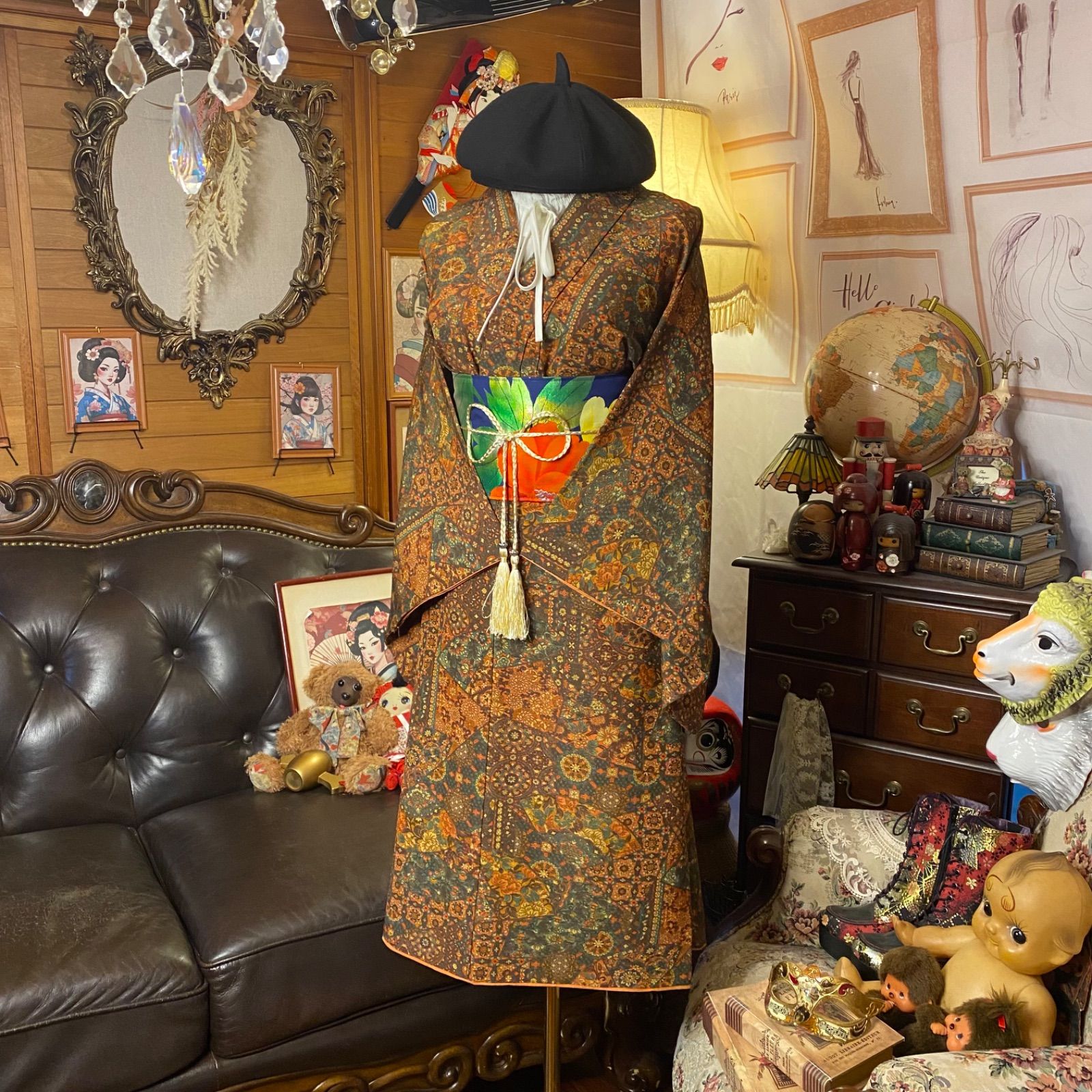 着物リメイク ミニミディ ワンピース／ドレス／洗える化繊 名古屋帯