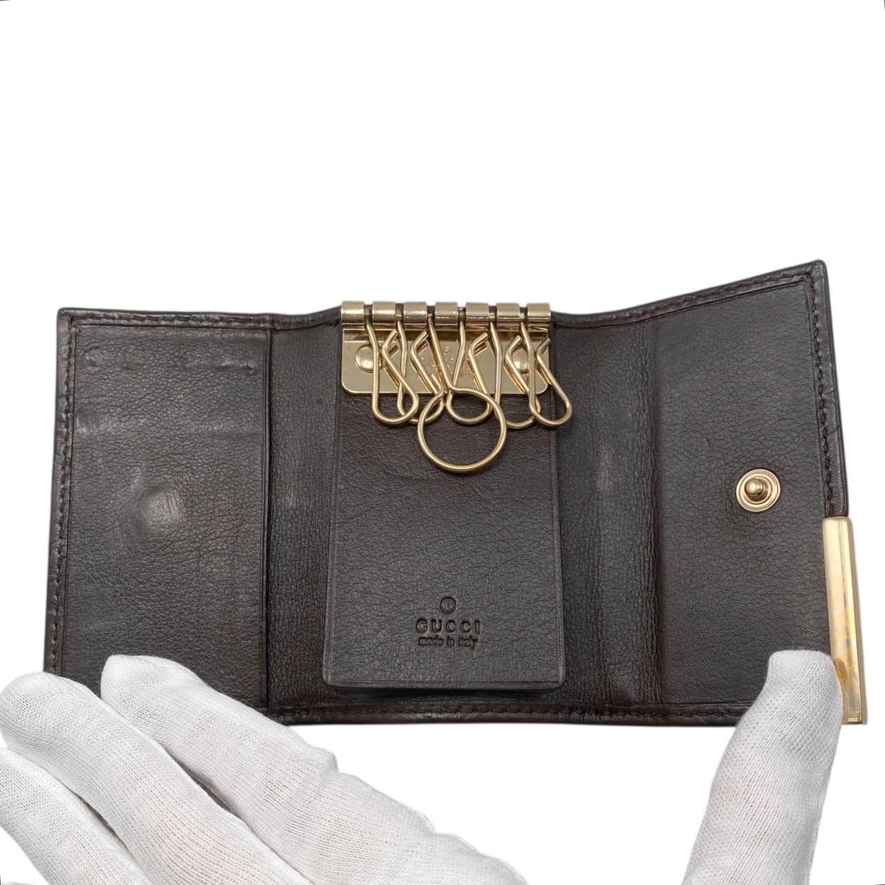 【極美品】グッチ GG柄 ロゴ キーケース ゴールド金具 レザー ダークブラウン ☆グッチ 6連キーケース 268833 シマレザー ロゴ ダークブラウン
