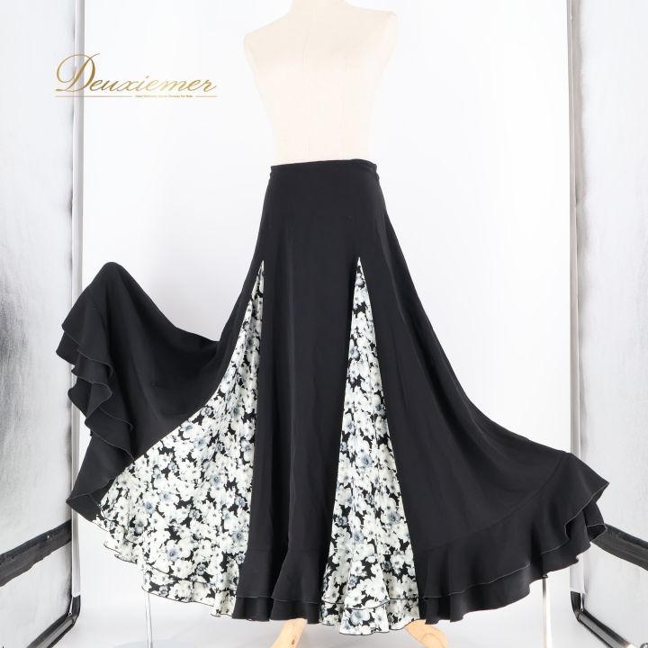 フラメンコ 衣装 ファルダ スカート 黒 グレー 花柄 かわいい 軽い