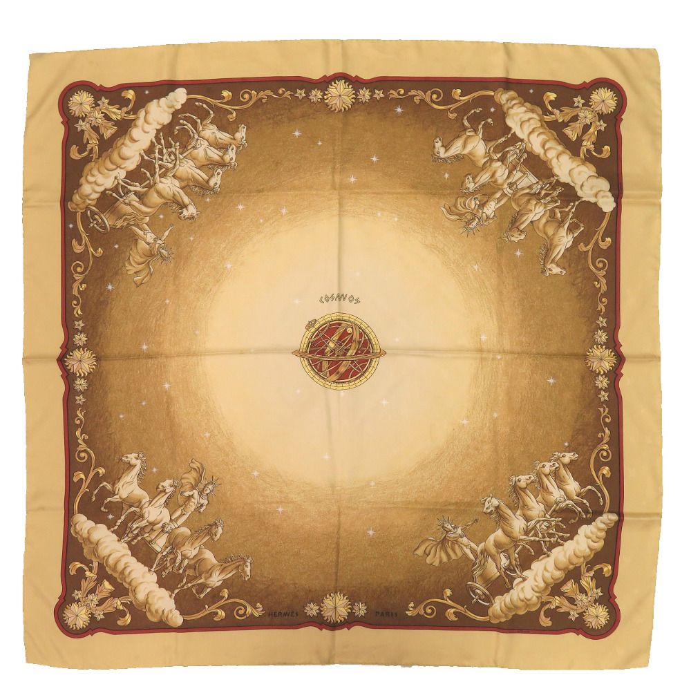 【良品】HERMES カレ90 COSMOS（コスモス）宇宙観　クリーニング済み 美品 エルメス カレ90 COSMOS コスモス 宇宙観 馬 シルク イエロー