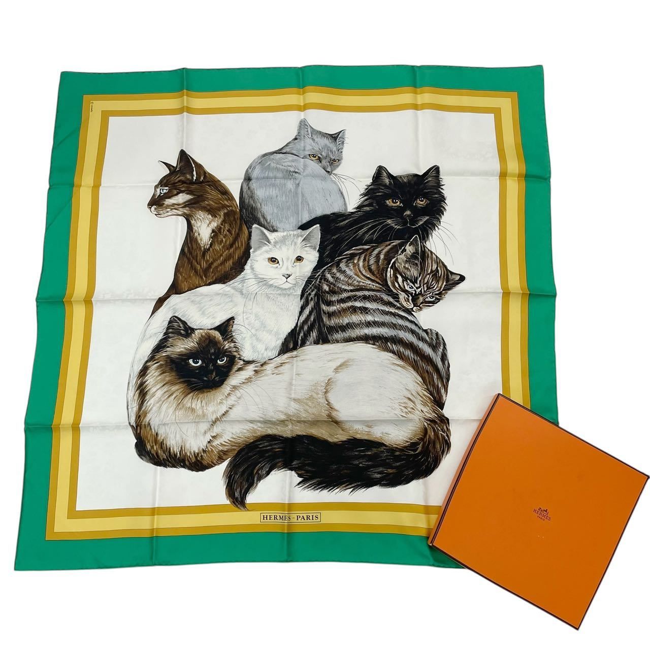 新品同様 HERMES エルメス スカーフ シルク カレ90 Les Chats レ・シャ