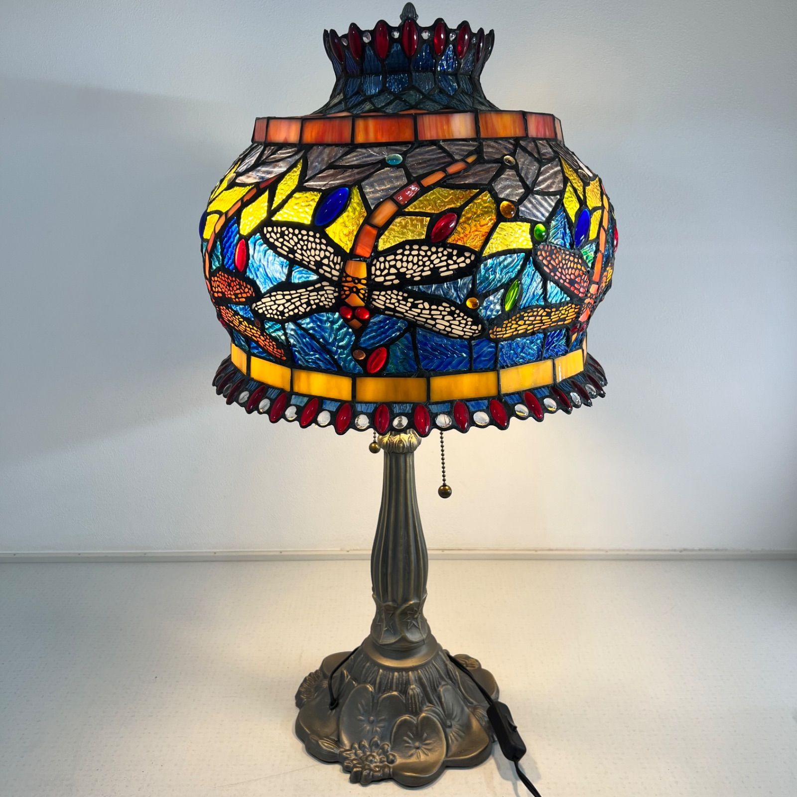 ステンドグラスランプ トンボ柄 レトロ 中古】ランプ アンティーク ステンドグラス トンボ柄 テーブルランプ