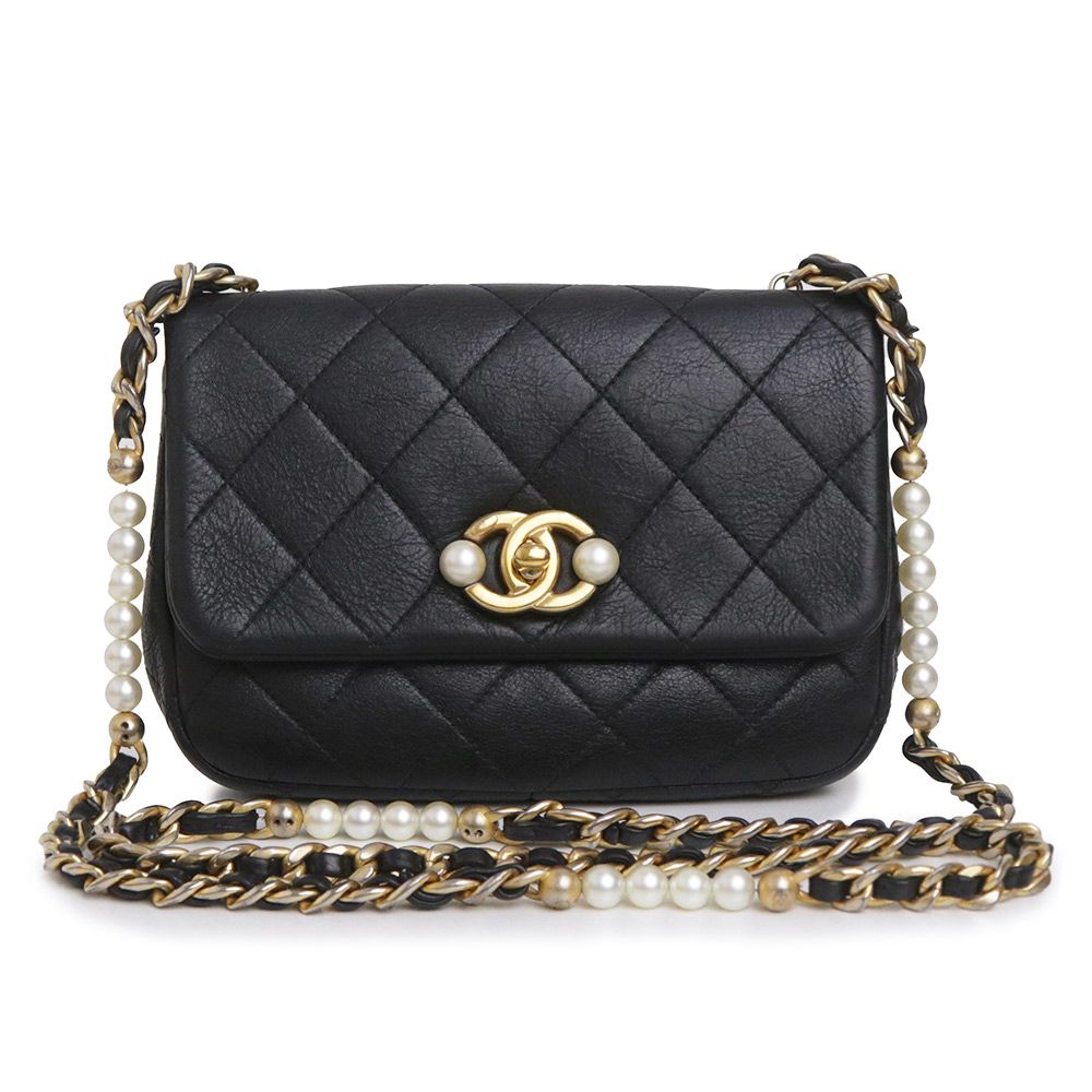 【美品】シャネル スカーフ マトラッセ ココマーク パールチェーン 黒 シャネル ココマーク マトラッセ カーフスキン ブラック パール