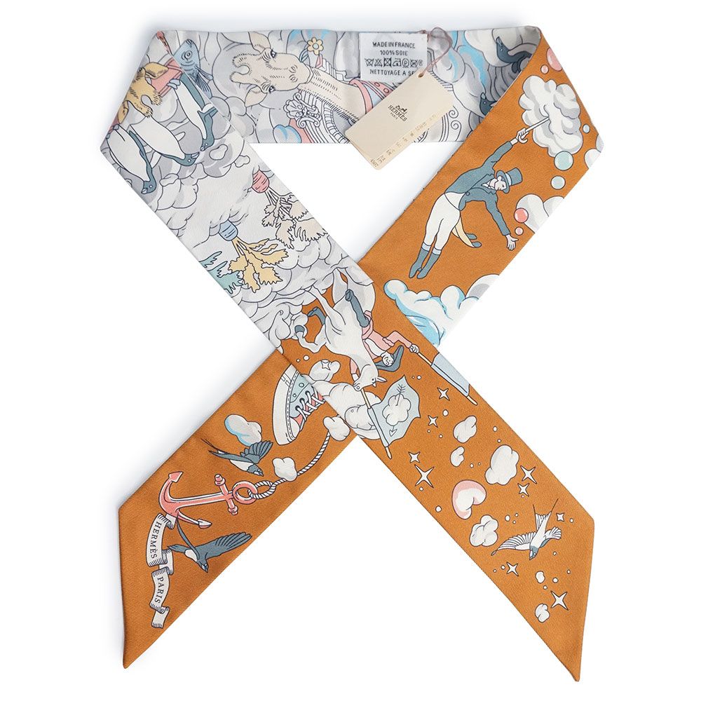 エルメス ツイリー Sur Mon Nuage 私の雲 シルク100％ キャラメル グリ