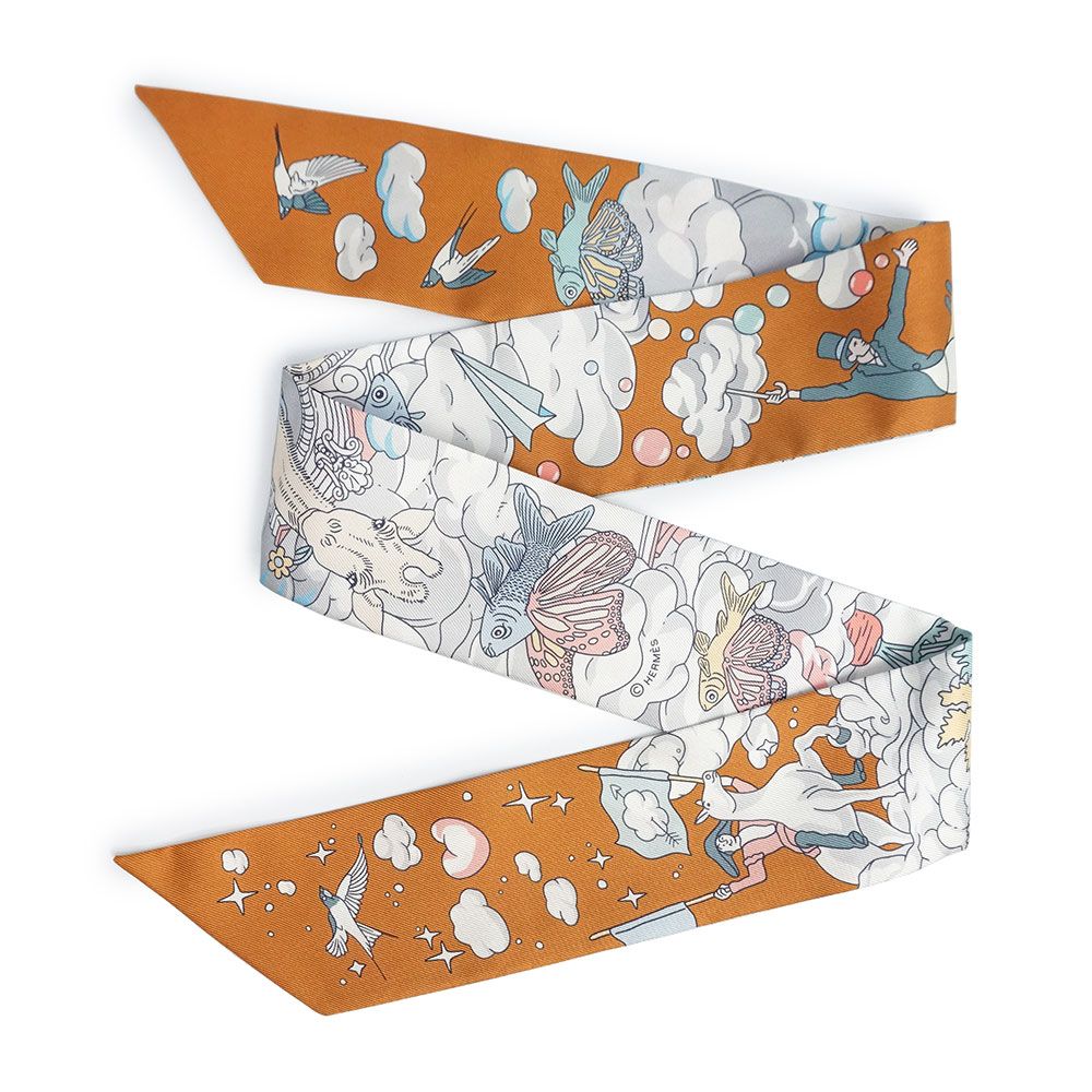 エルメス ツイリー Sur Mon Nuage 私の雲 シルク100％ キャラメル グリ