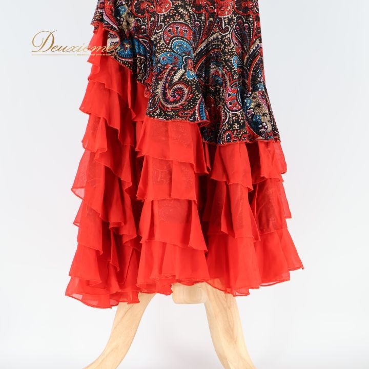 フラメンコ 衣装 ワンピース ドレス トップス 赤 黒 ペイズリー レース