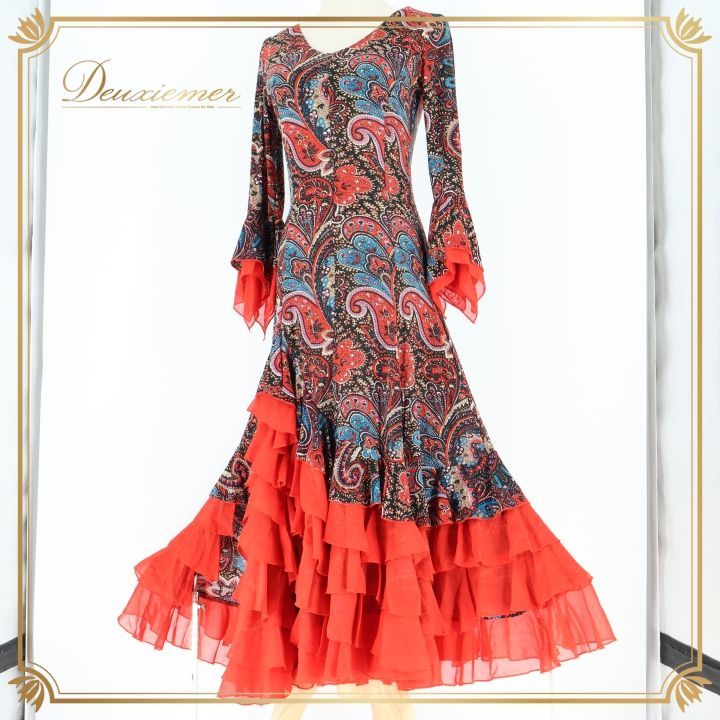 【フラメンコ衣装】ブラック ワンピース ドレス 赤 黒 伸縮 薄い ストレッチ フラメンコ 衣装 ワンピース ドレス トップス 赤 黒 ペイズリー レース