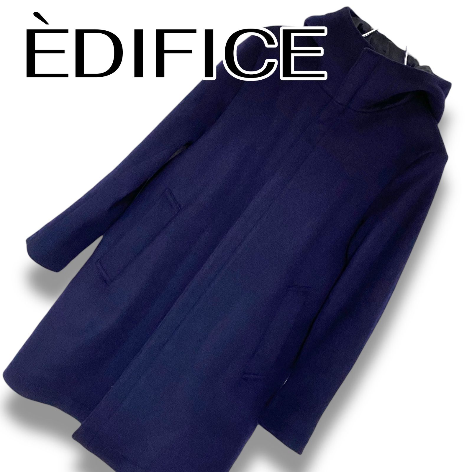 EDIFICE エディフィス ネイビー フーデッドコート フード付き ウール80
