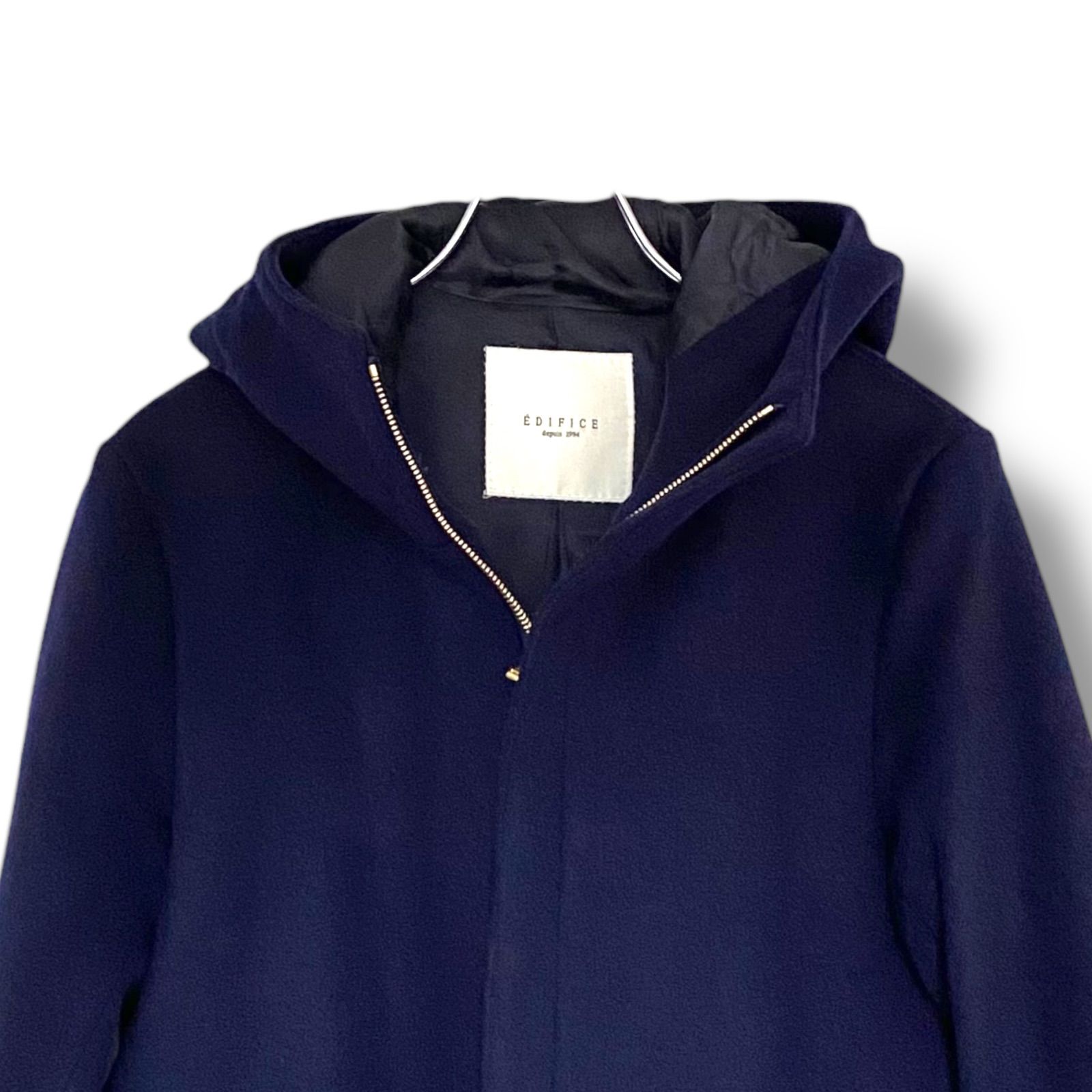 EDIFICE エディフィス ネイビー フーデッドコート フード付き ウール80