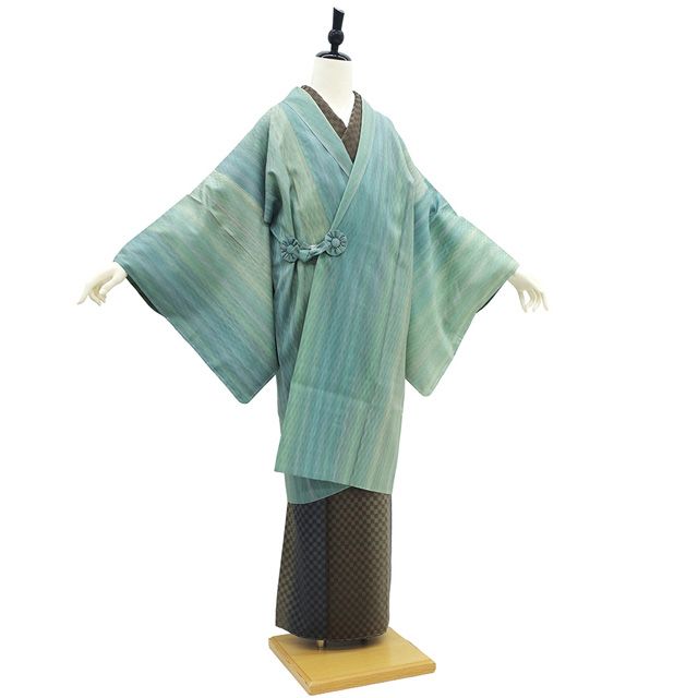 大島紬　道中着　縦縞 道中着 コート 未使用 正絹 本場大島紬 縞大島 グリーン ぼかし 新古品