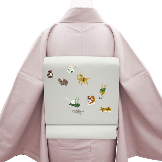 珍しい　十二支の名古屋帯 新古品】 名古屋帯 未使用 正絹 塩瀬 九寸 作家物 落款 手描き ライト