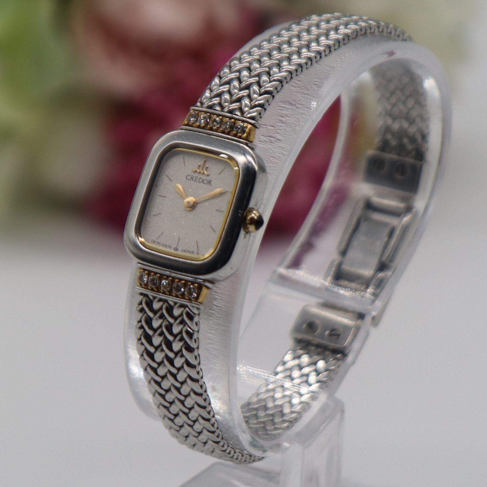 電池新品 セイコー クレドール 1E70-5130 クォーツ 10Pダイヤ 18KT+SS