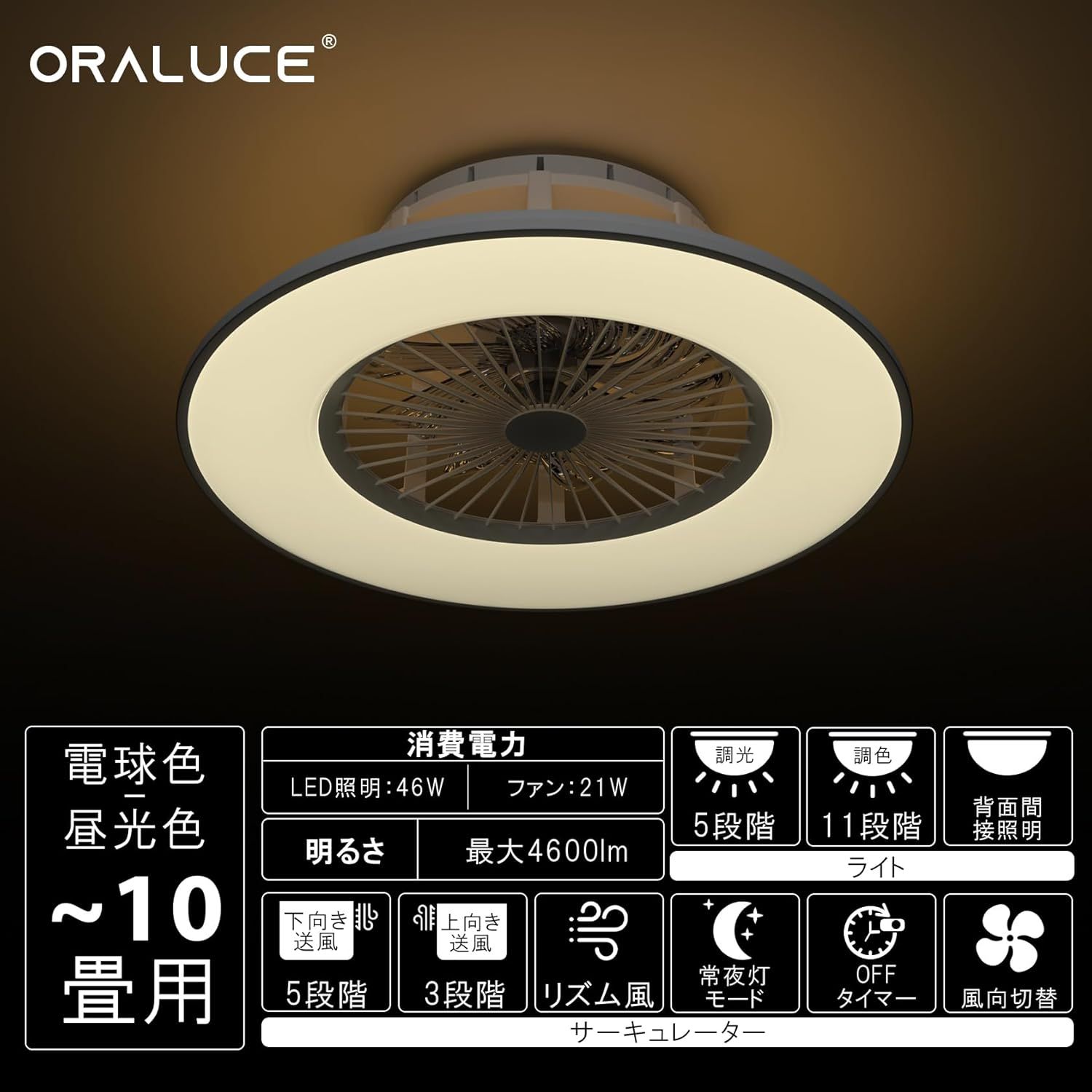 【動作確認済】【中古】本体・リモコンのみ ORALUCE シーリングファンライト 10畳用 動作確認済】【中古】本体・リモコンのみ ORALUCE シーリングファン