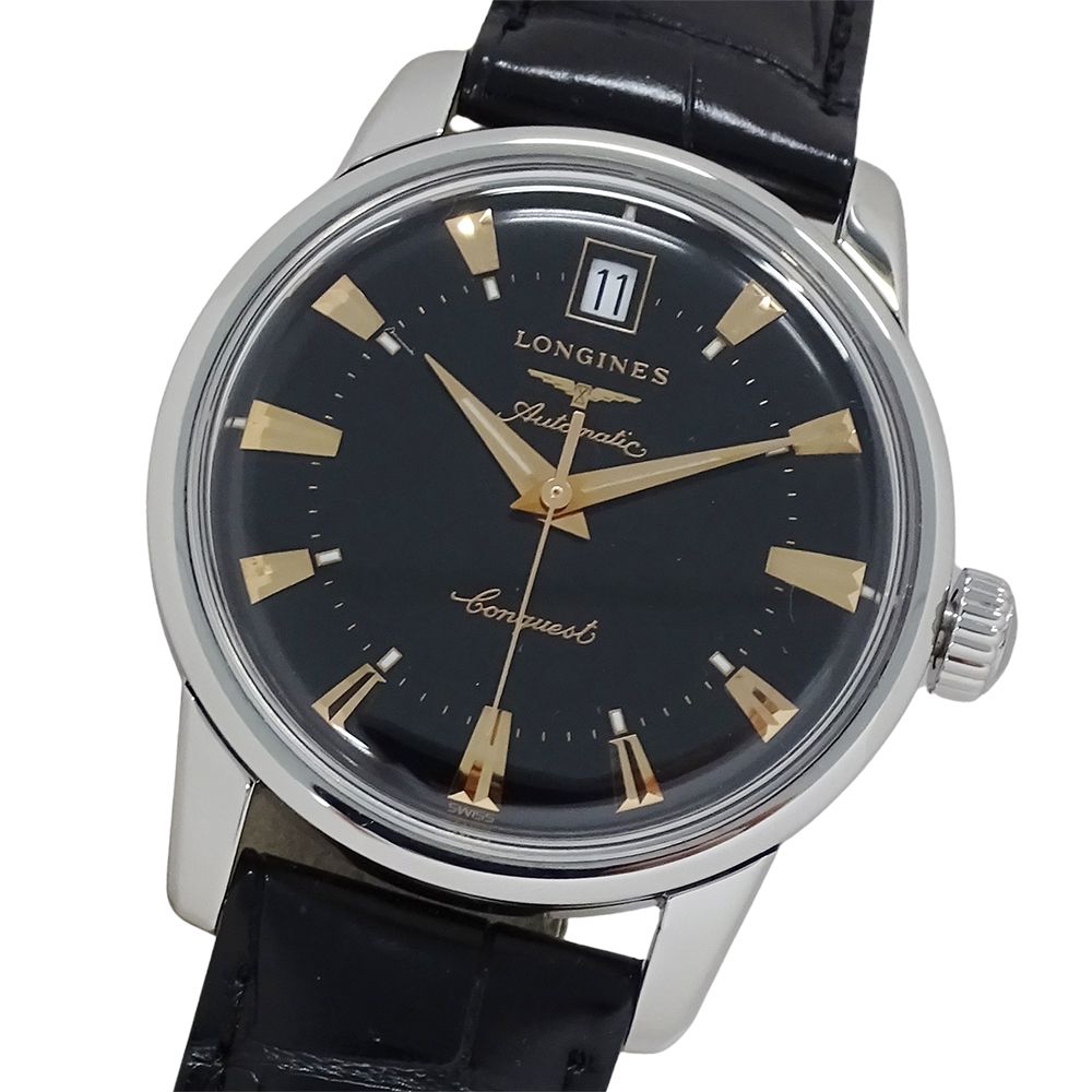 ロンジン LONGINES コンクエスト ヘリテージ L1 611 4 時計 メンズ ブランド デイト 自動巻き AT ステンレス SS レザー シルバー ブラック 磨き済み