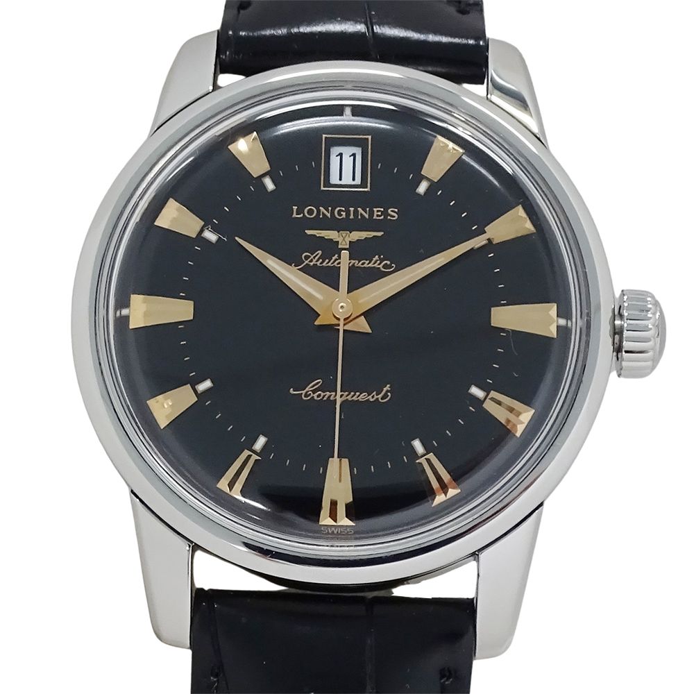  ロンジン LONGINES コンクエスト ヘリテージ L1 611 4 時計 メンズ ブランド デイト 自動巻き AT ステンレス SS レザー シルバー ブラック 磨き済み 羽織り 自動巻き時計 腕時計(アナログ)