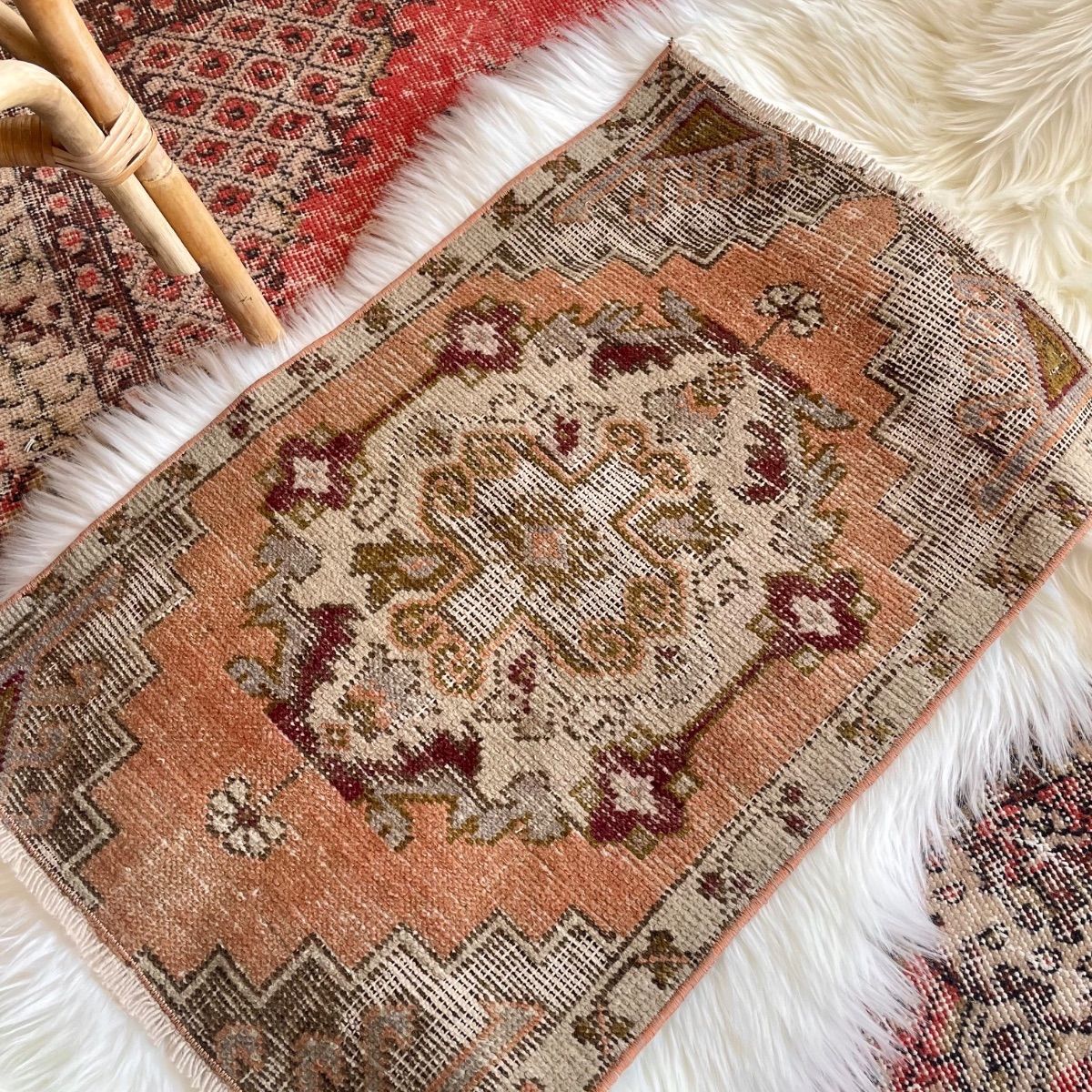 限定セール 1点もの ヴィンテージトルコラグ レッドオレンジ×ブラウン