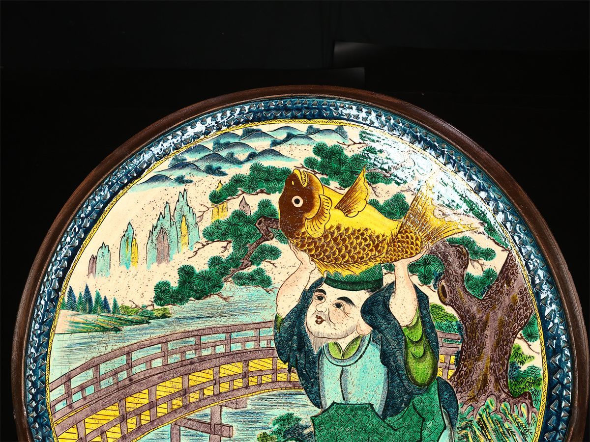 九谷焼　明治時代　美品 明治時代 【初代 九谷陶峰】作 古九谷焼 青九谷 恵比寿紋 変形 大皿 径