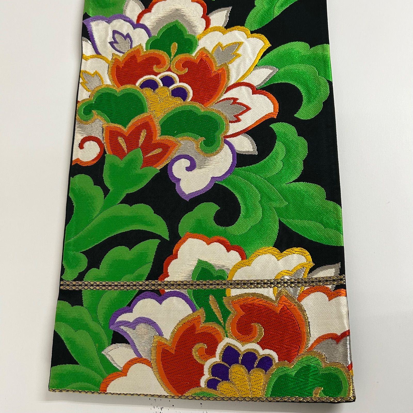袋帯 正絹 唐織 セミアンティーク 黒地 大柄の花 六通 MA-3129 - メルカリ