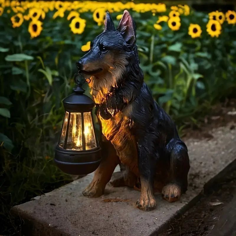 新しい未使用 ガーデンオーナメント 犬の置物 ソーラーランタン付き