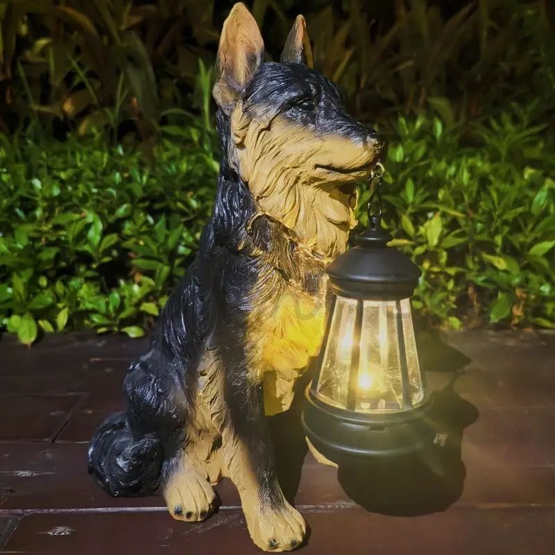 新しい未使用 ガーデンオーナメント 犬の置物 ソーラーランタン付き