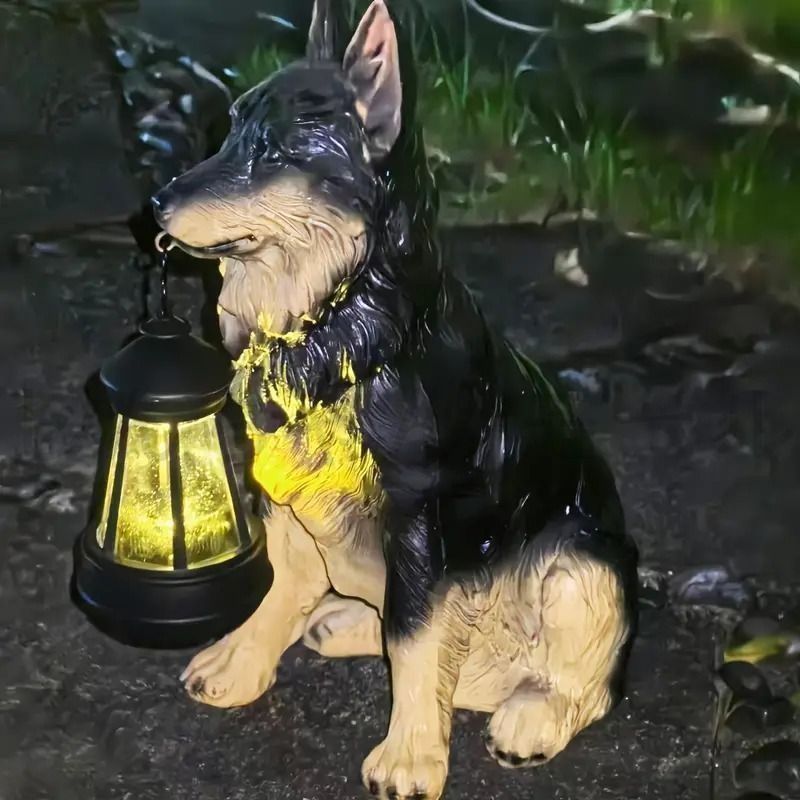 新しい未使用 ガーデンオーナメント 犬の置物 ソーラーランタン付き