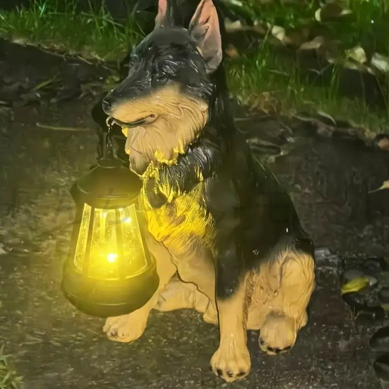 新しい未使用 ガーデンオーナメント 犬の置物 ソーラーランタン付き