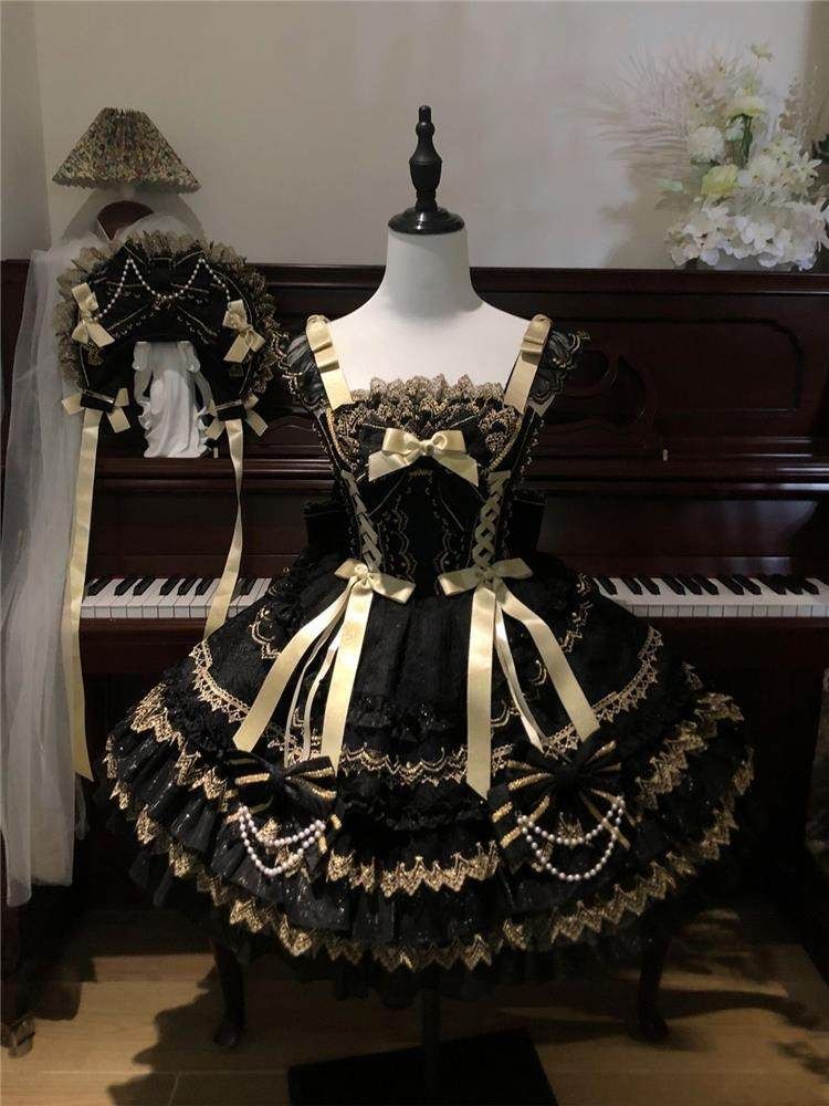 ロリータ3点セット JSK ボンネット テイルパネル lolitaドレス コスプレ衣装 ゴスロリ 舞台衣装 イベント向け 普段着としてもオッケー ブラック